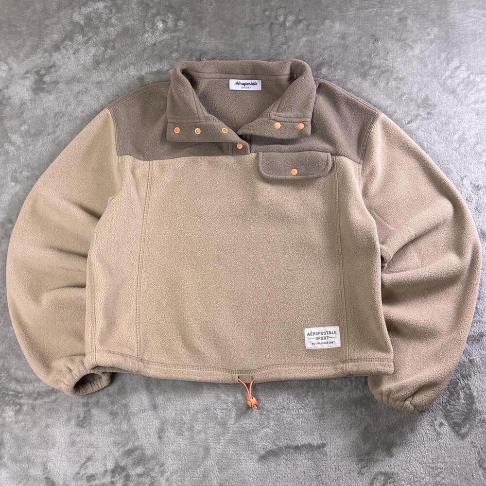 Aeropostale Sport Fleece Pullover Womens Medium Cream Tan Snap Mock Neck